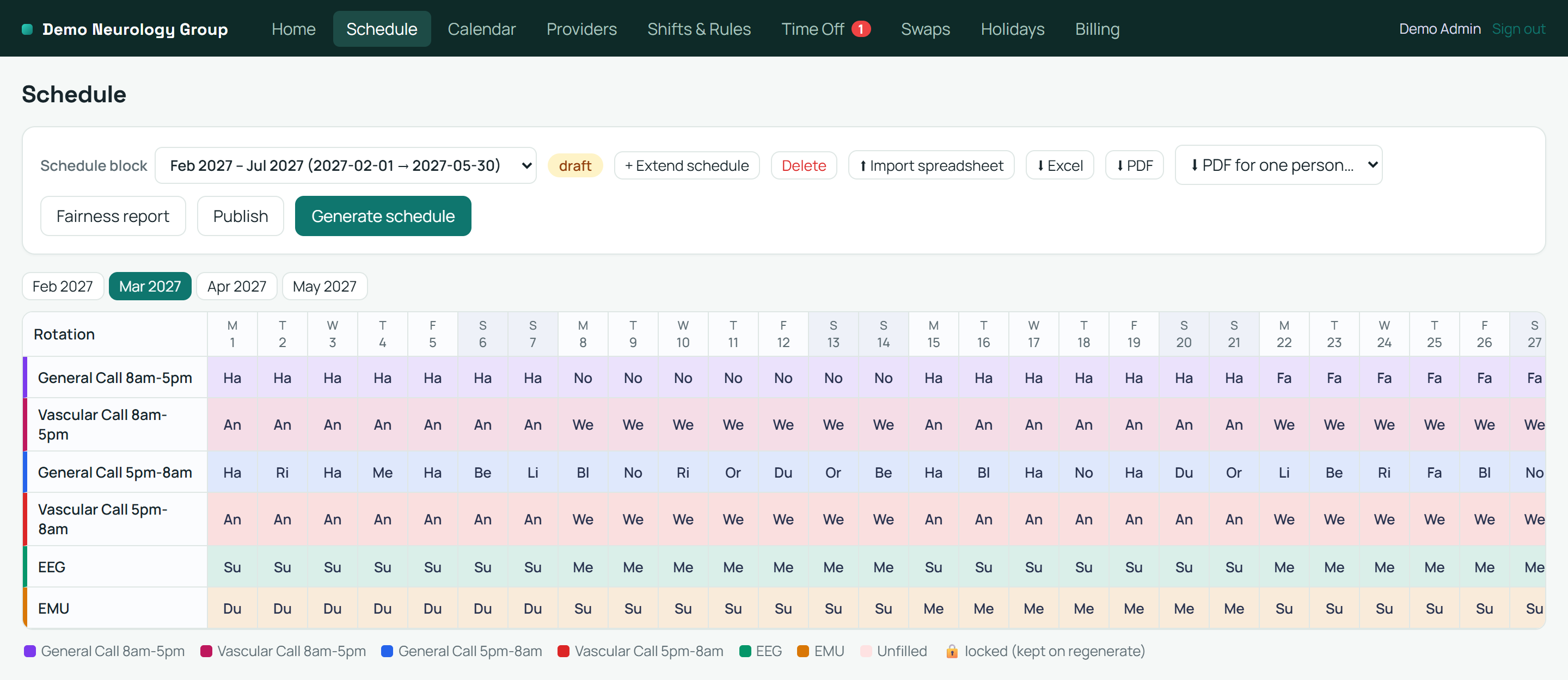VitalScheduler schedule page: a month of six neurology rotations, each day-cell showing the assigned provider's initials, with Fairness report, Publish, and Generate schedule buttons above the grid